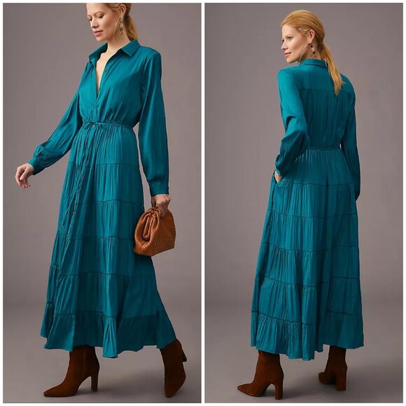 Anthropologie Dresses & Skirts - Anthropologie Green Blue Teal satin maxi tiered long sleeve shirt dress XL